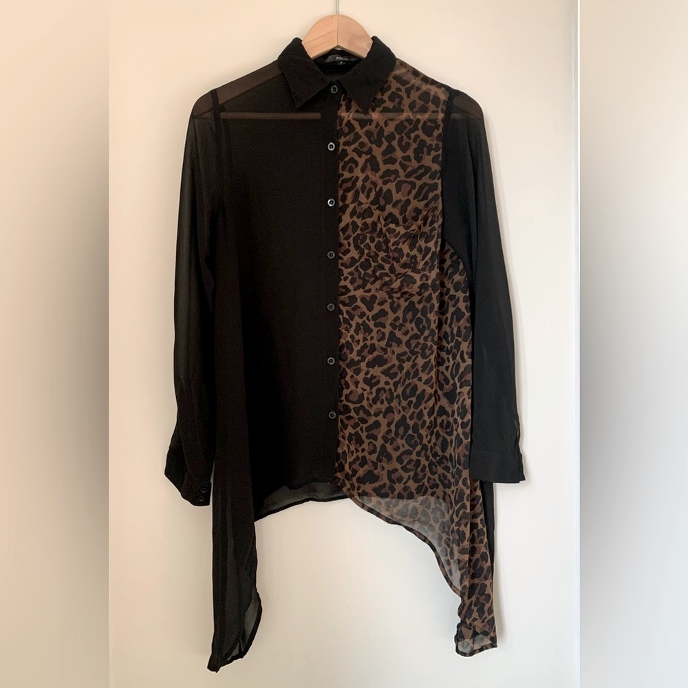 Millau Black Leopard Animal Print Sheer Asymmetrical Long Sleeve Button Down